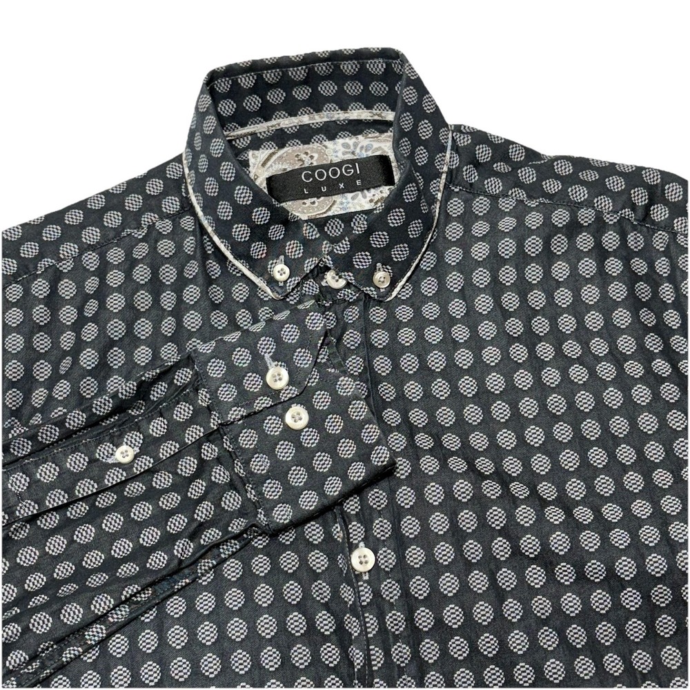 Coogi Luxe Button Down Shirt Mens M Grey Black Geometric Paisley Trim Designer‎